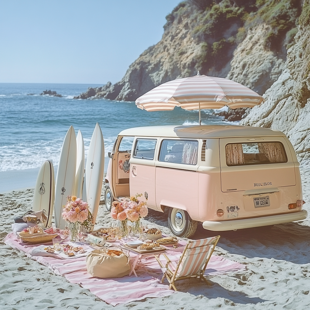 Picnic set with surfboard, van, umbrella, flowers, ocean view.