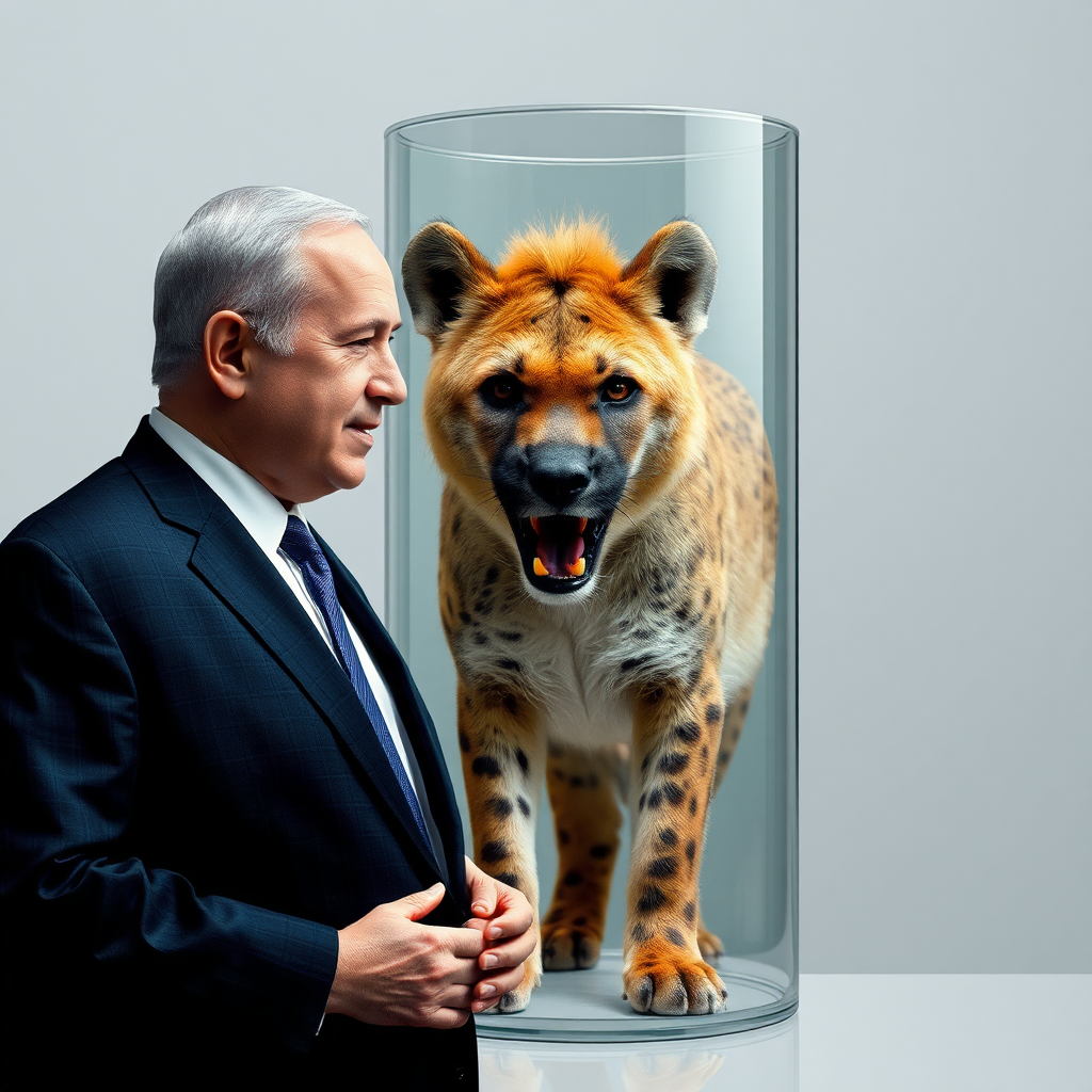 Picture of Netanyahu and hyena in glass.