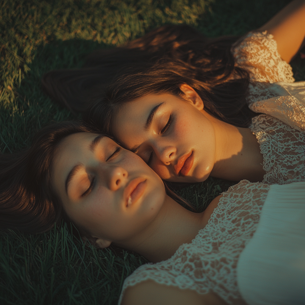 Picture of girl and mother lying on grass.