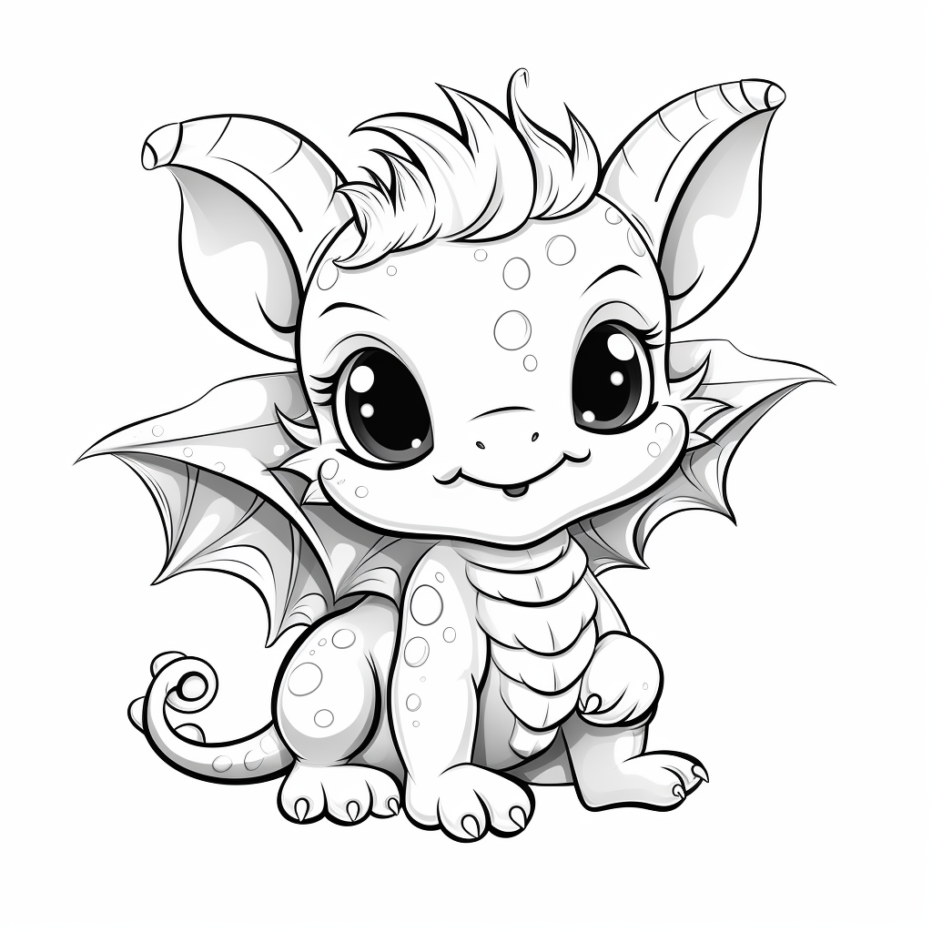 Picture of kawaii little dragon in greyscale style.