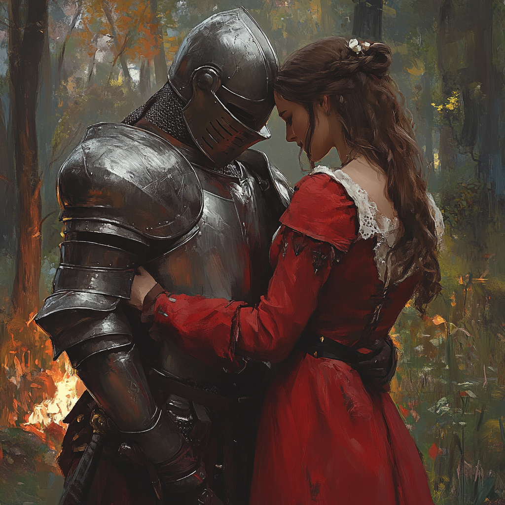 Picture of medieval knight and noblewoman in nature.