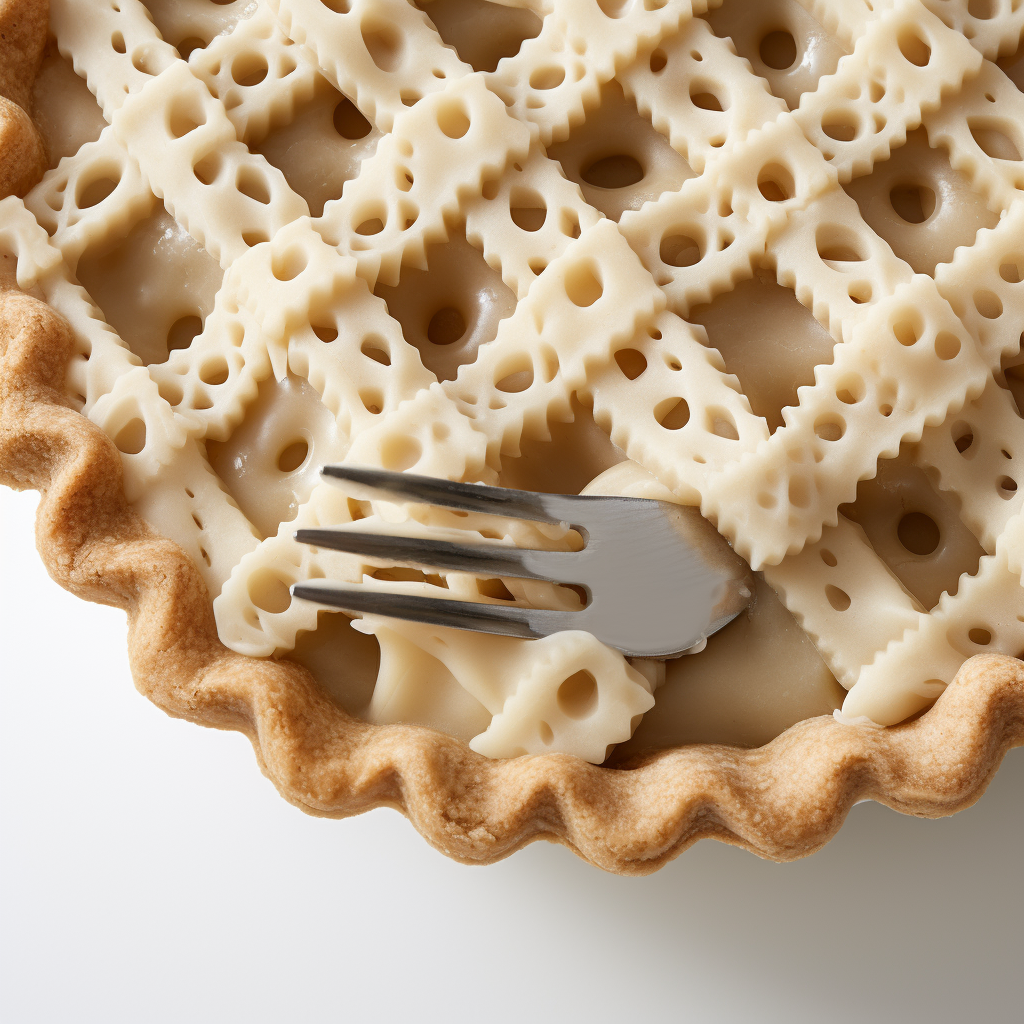 Professional food photography of a pie crust with fork holes on a white background.