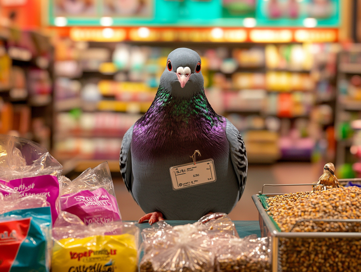 Pigeon cashier at pet store with birdseed bags.