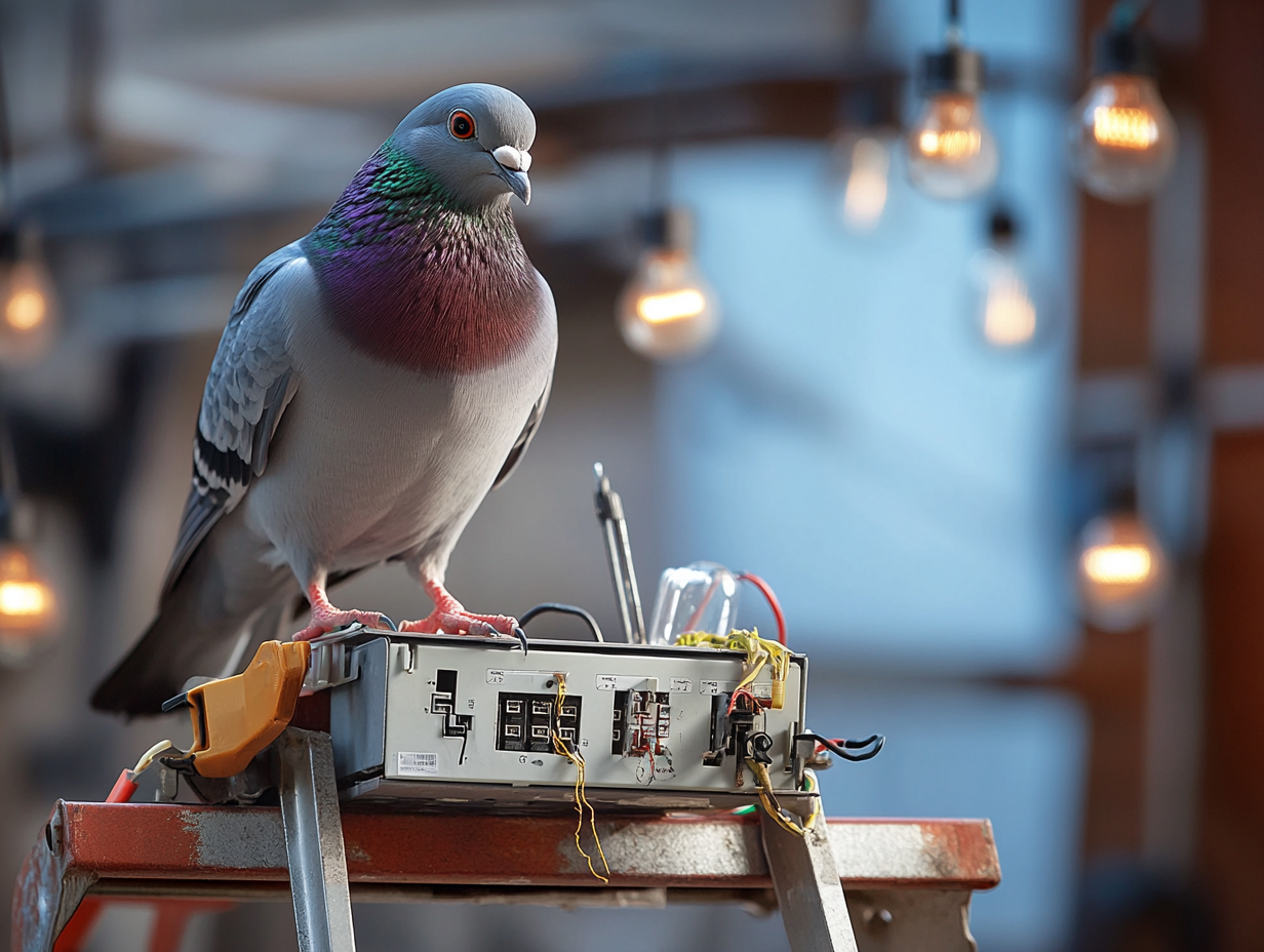 Pigeon with tool belt fixes ladder lights intently.