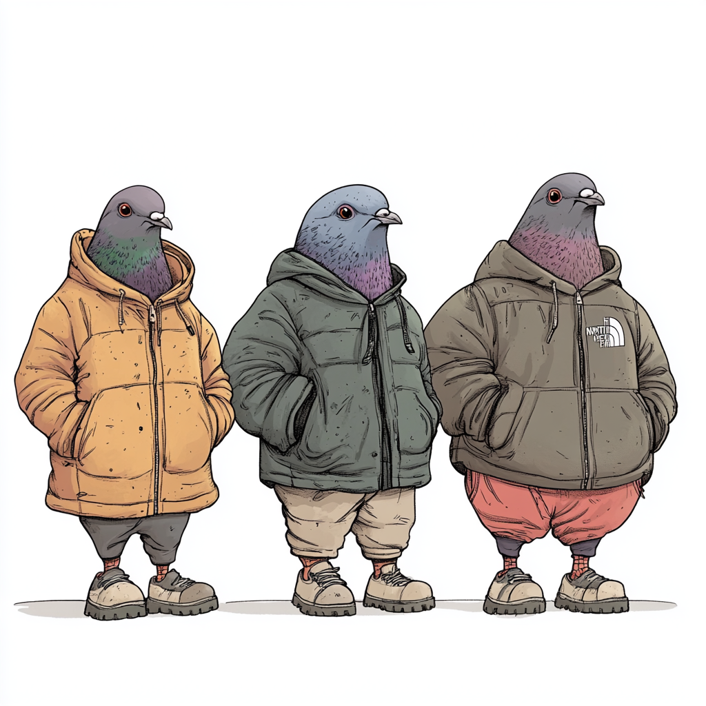 Pigeons in boots and jackets in a row