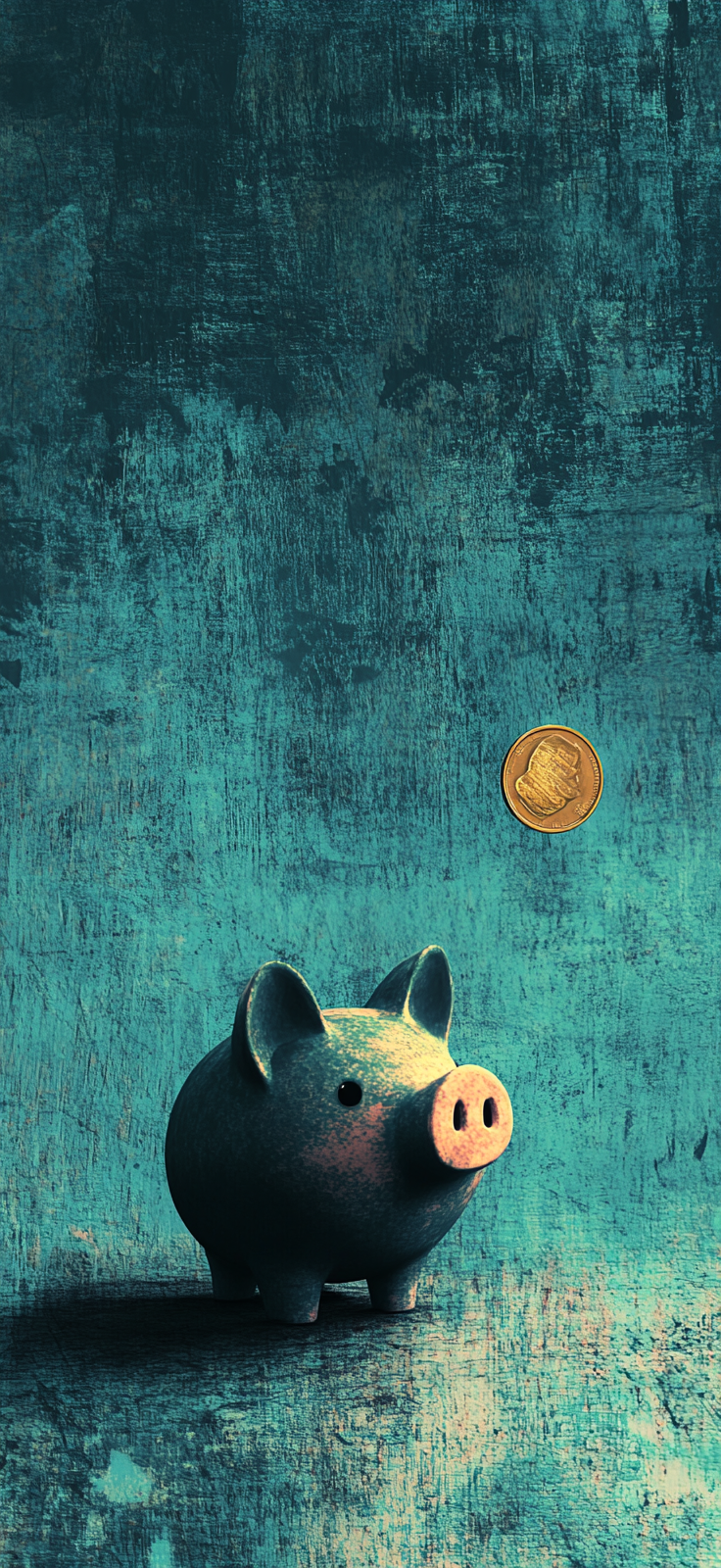 Piggy Bank with Coin Inserted, Teal Background - A fifth grader's summary title.