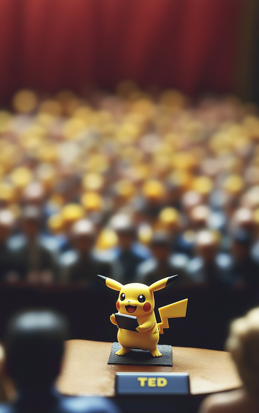 Pikachu giving a confident TED talk to auditorium audience.