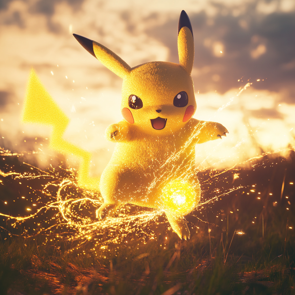 Pikachu glowing fur jumps with electric sparks at sunset.