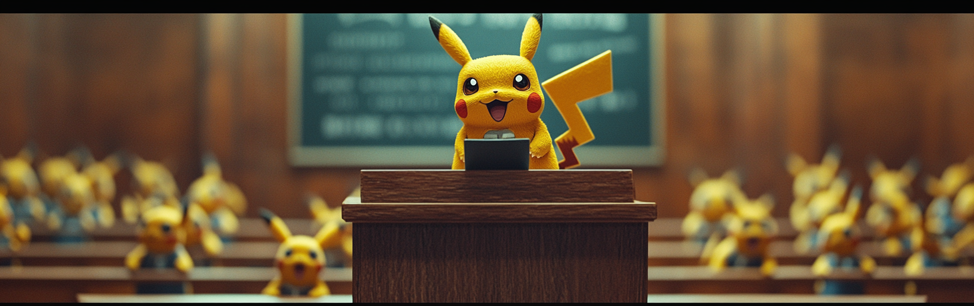 Pikachu presenting research to other Pikachus in classroom.