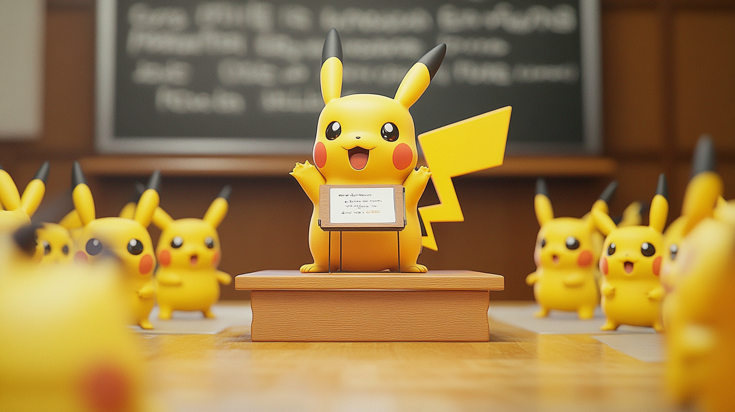 Pikachu presents research to audience of Pikachus at college.