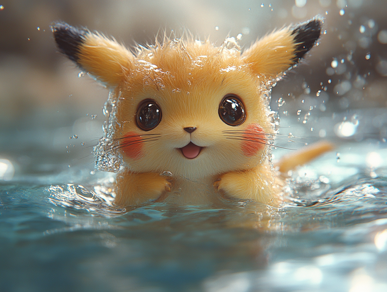 Pikachu swimming with cute posture in water