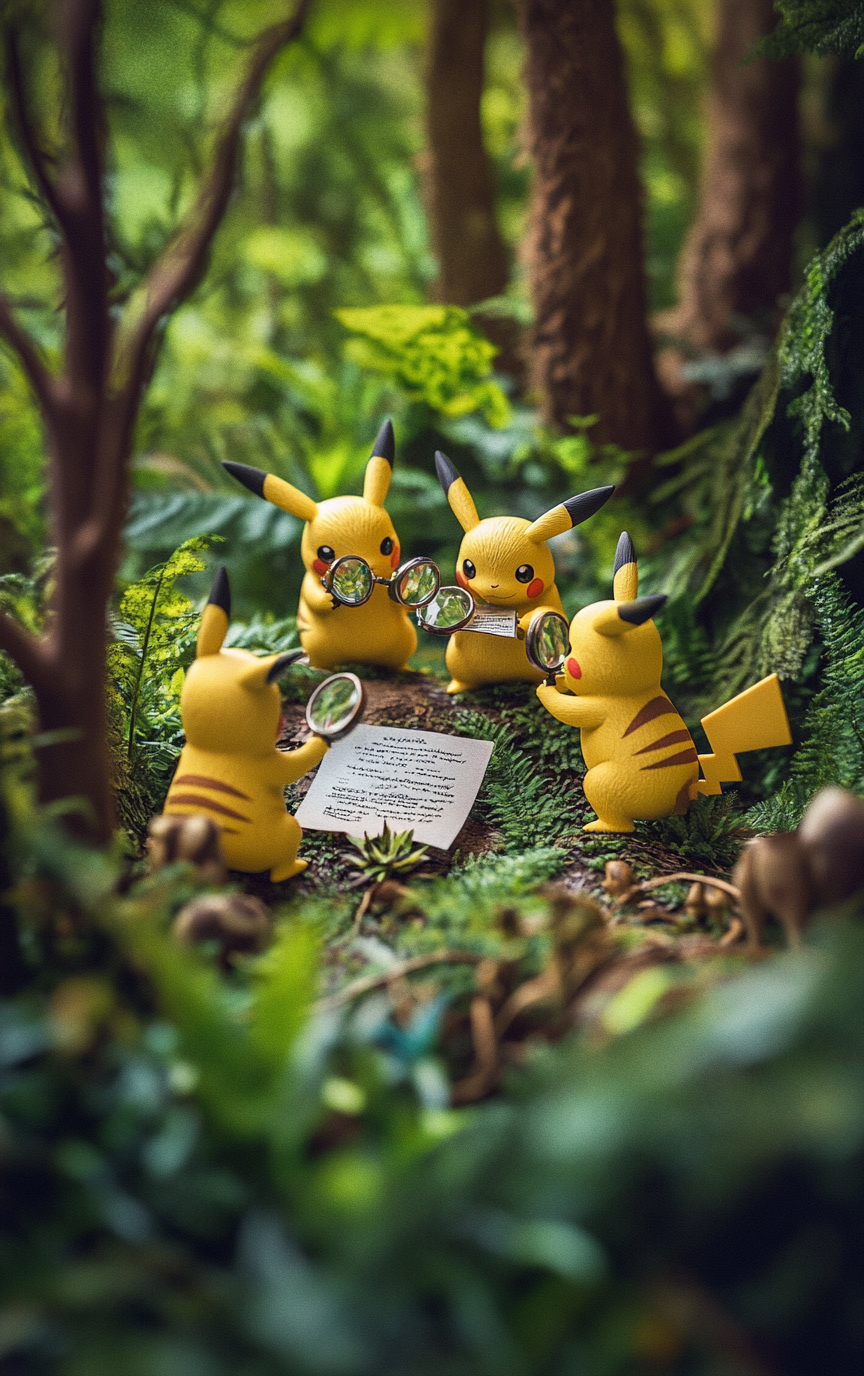 Pikachus examining document in forest with animals. Miniature view.