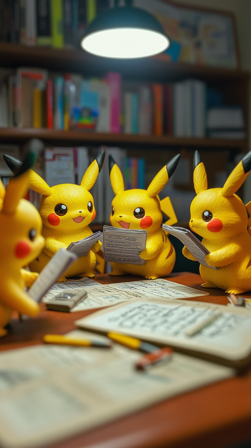 Pikachus studying together in college classroom diorama.