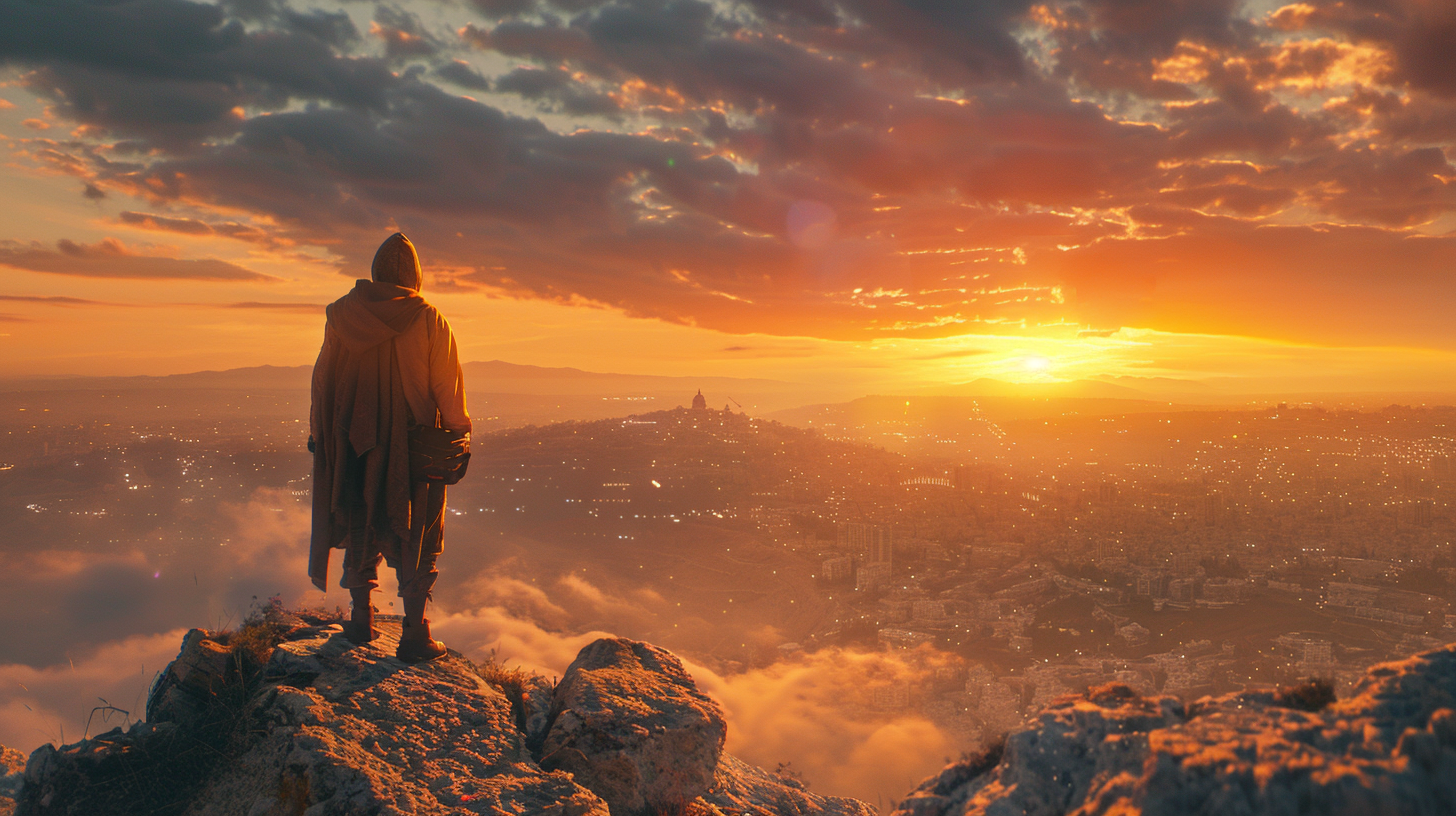 Pilgrim on Jerusalem Mountain at Sunset Ultra Realistic Image