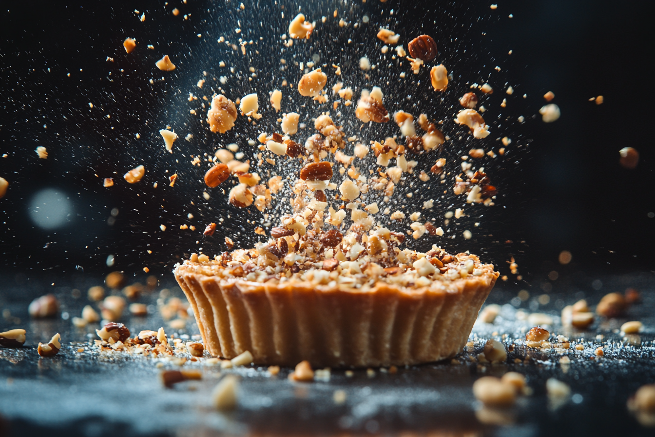 Pili nuts explosion surrounds delicious pili tart advert.