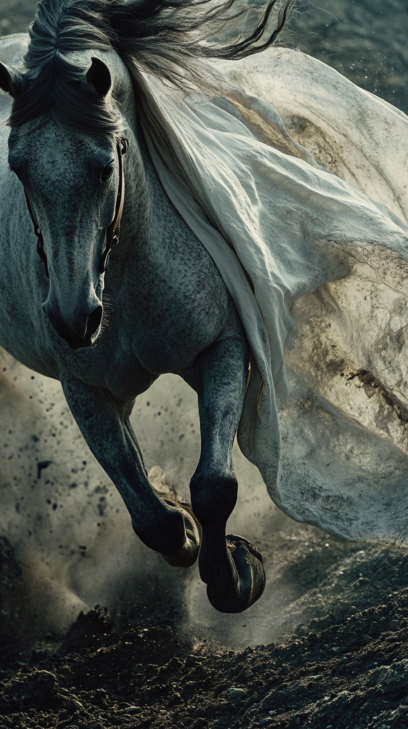 Pillowing cloak on galloping dapple horse, detailed Sony shot.