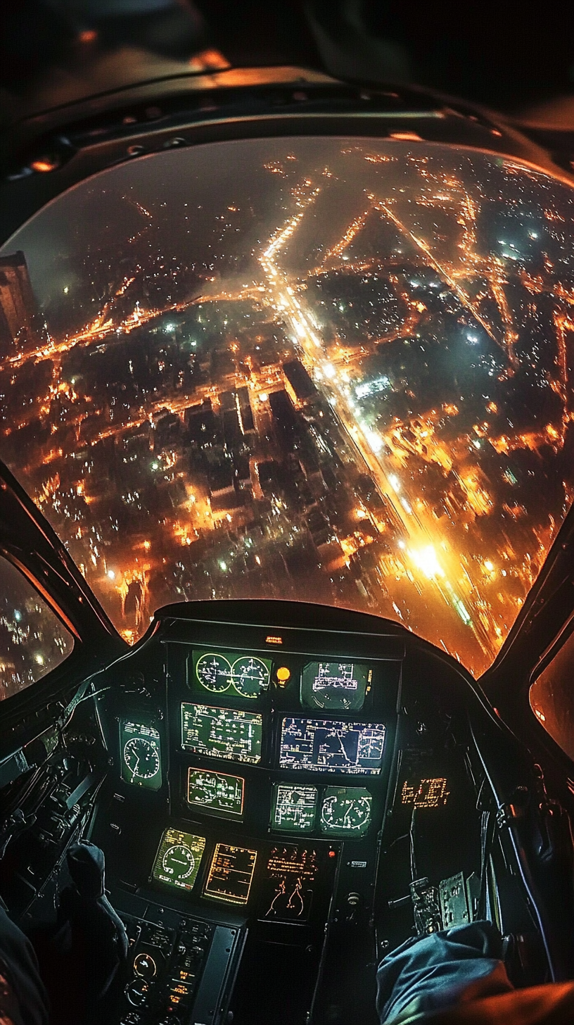 Pilot's view from cockpit with night vision engaged.