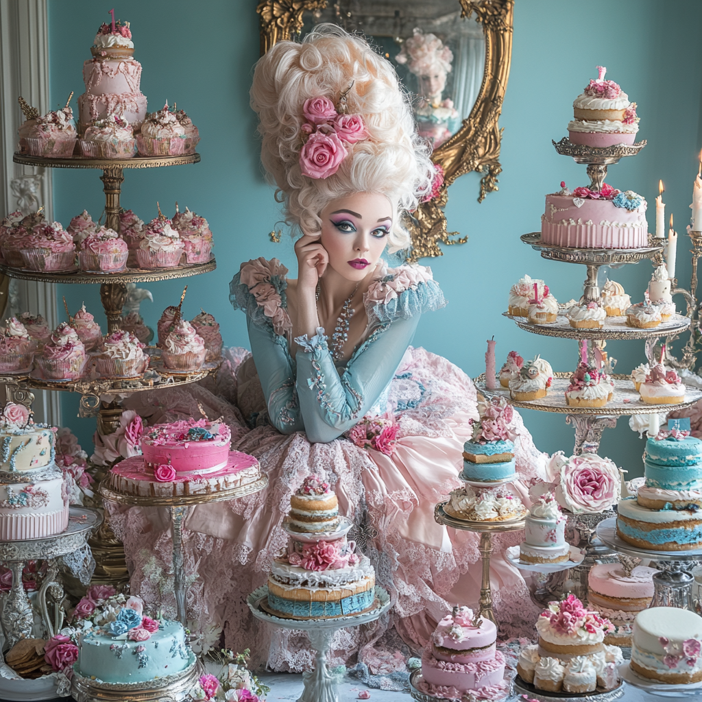 Pin up girl as Marie Antoinette with cakes.