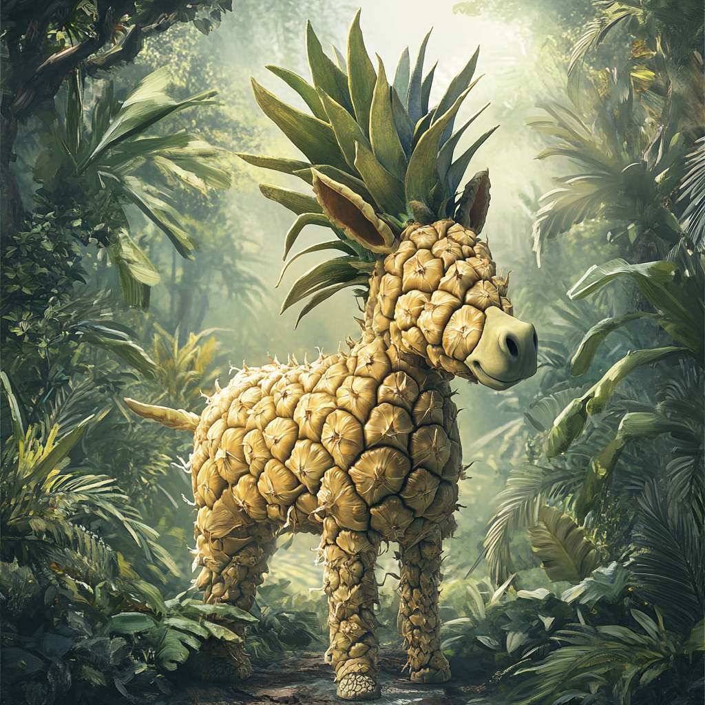 Pineapple donkey in tropical jungle, playful surreal artwork.