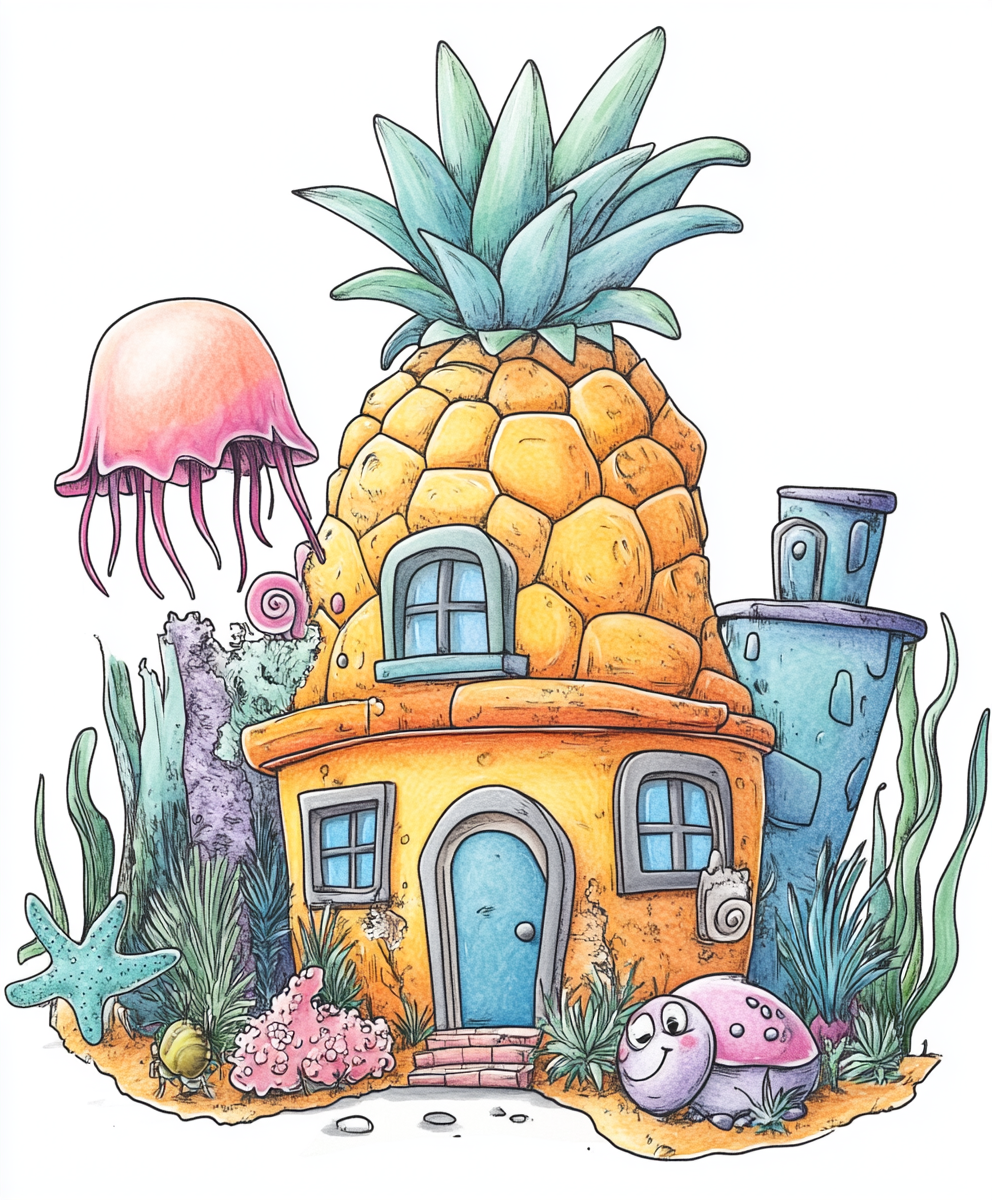 Pineapple house in Nickelodeon style with sea creatures.