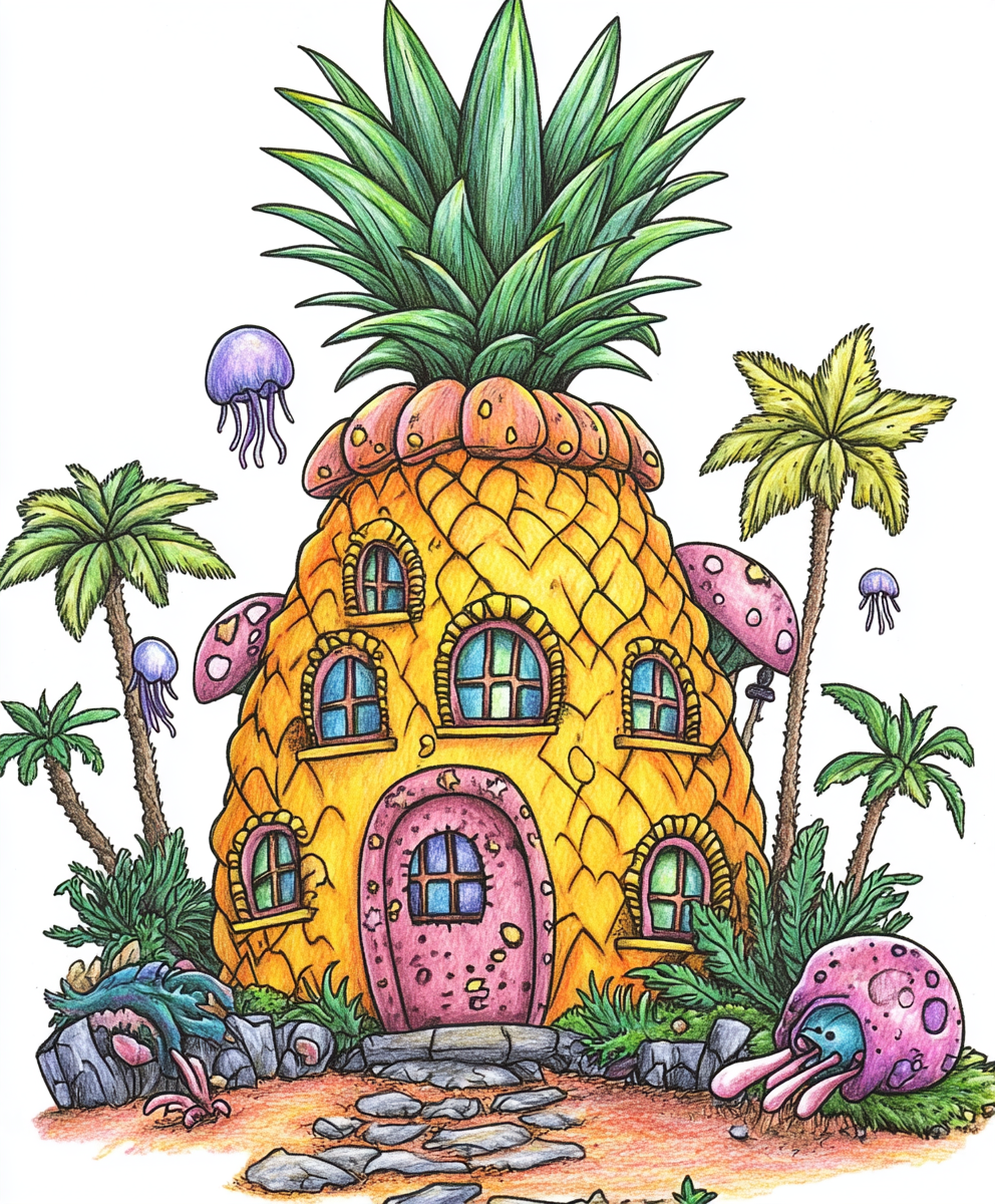 Pineapple house outline in Nickelodeon style, for kids t-shirt.