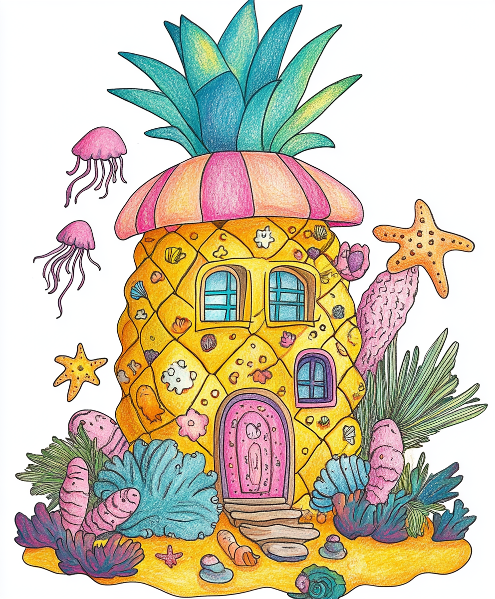 Pineapple house outline in pink, yellow, green pencils