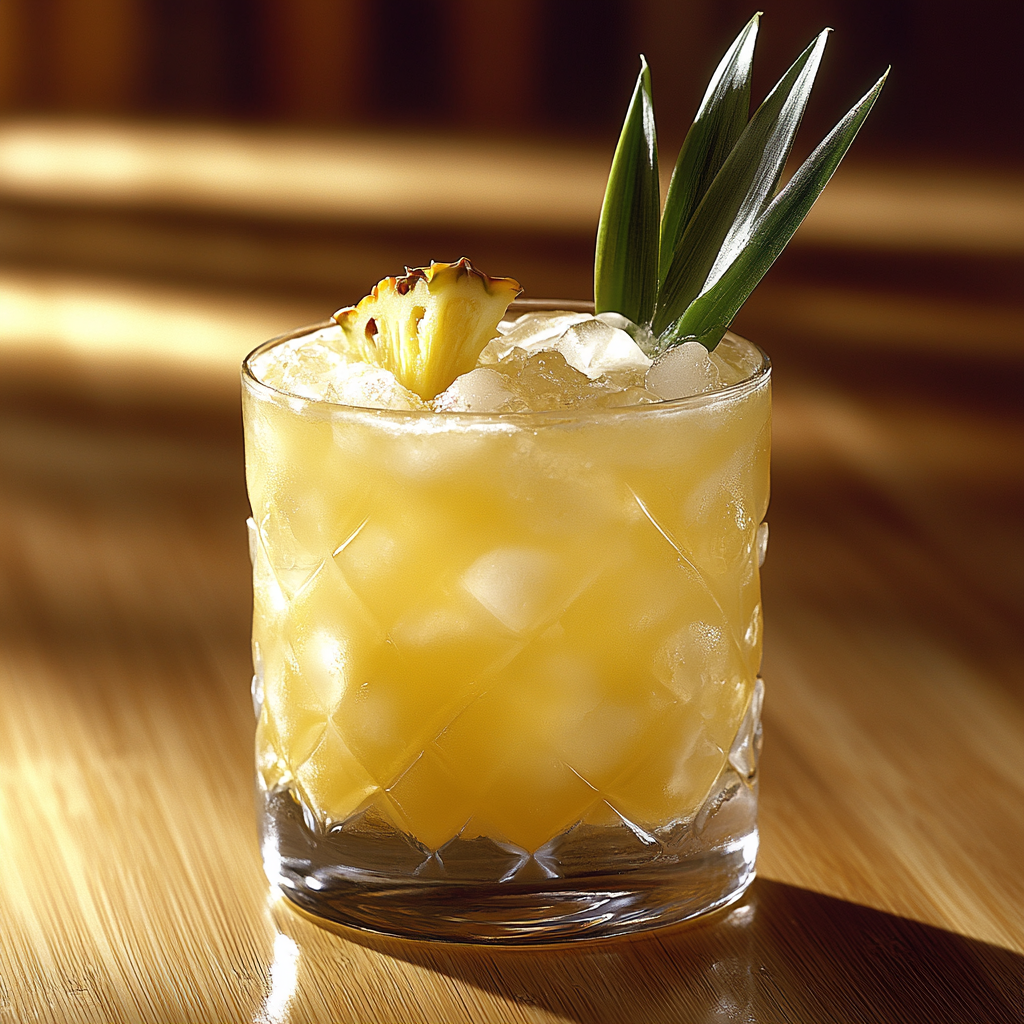 Pineapple leaf drink in lowball glass with crushed ice.