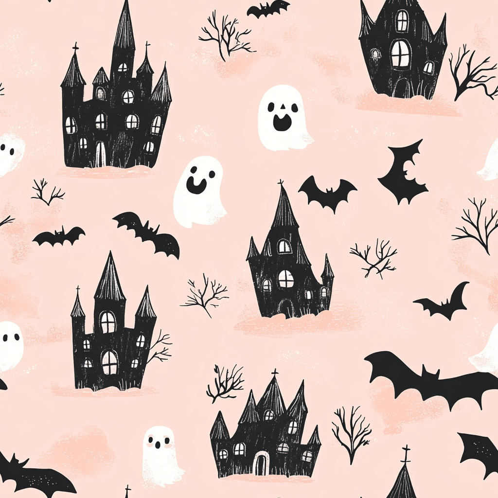 Pink Halloween Pattern with Bats, Pumpkins, and Ghosts