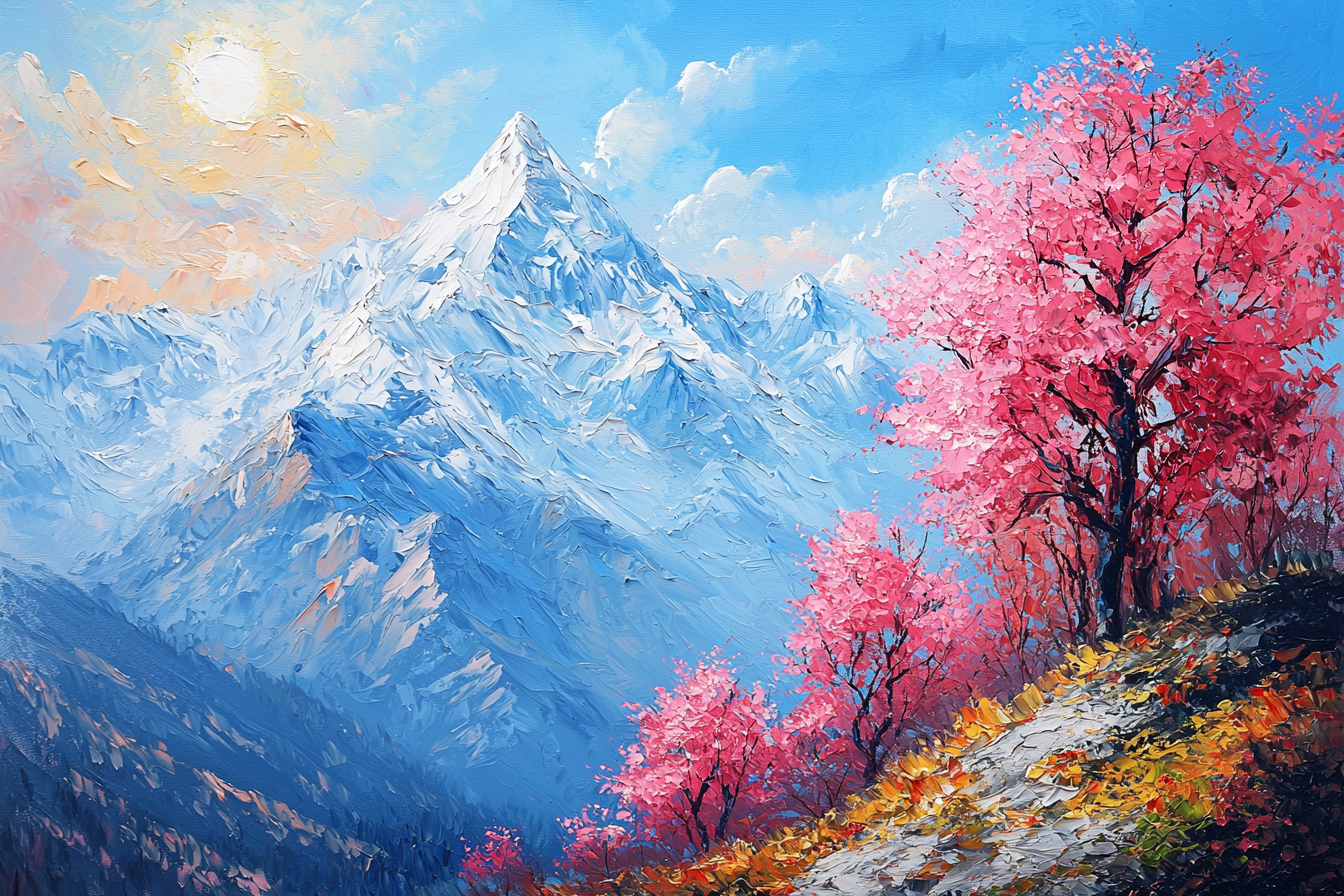 Pink Trees under the sun, beyond the mountains landscape.