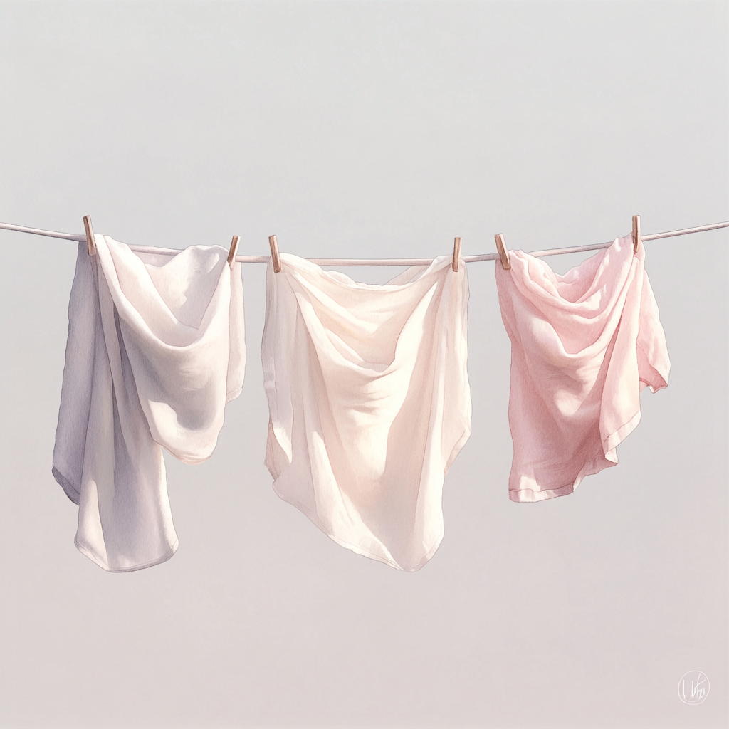 Pink and white laundry on line, detailed watercolor.