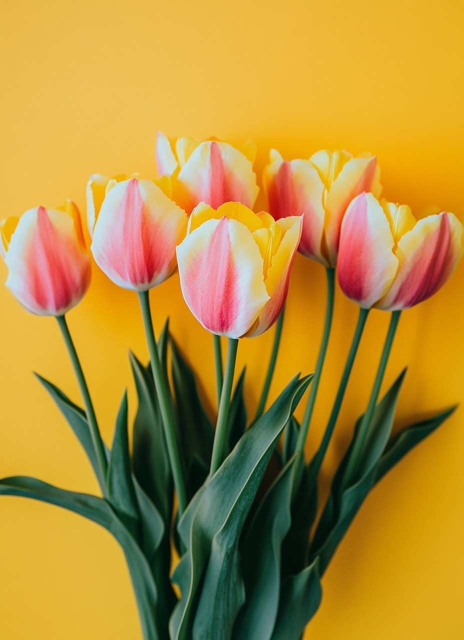 Pink and yellow tulips on yellow wall, bright colors.