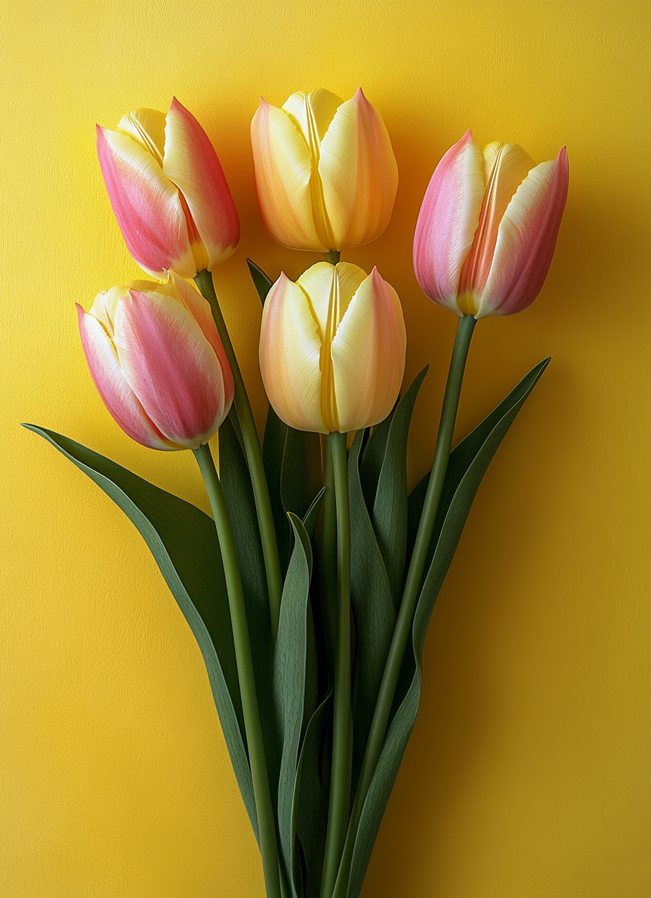 Pink and yellow tulips on yellow wall, macro photography.