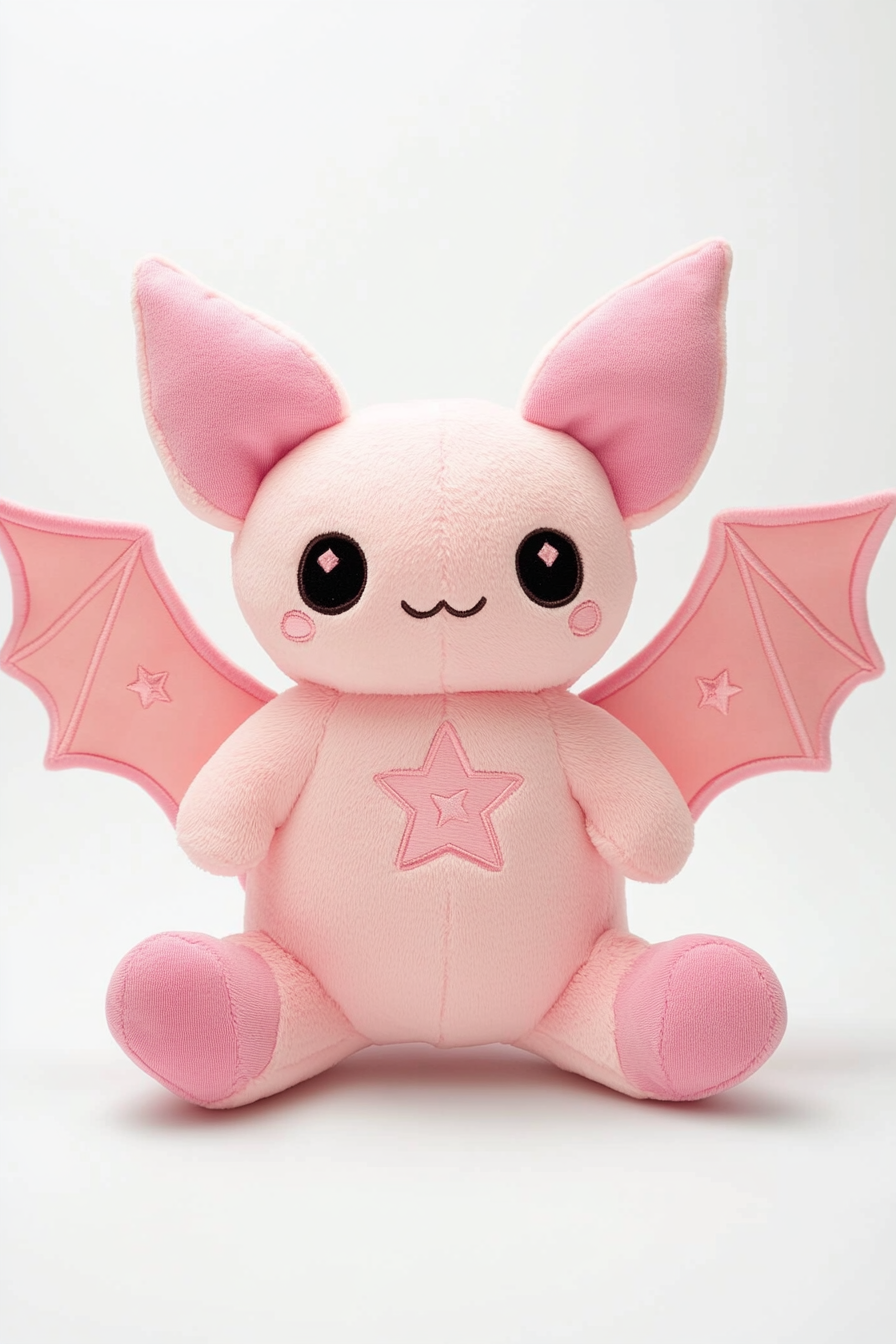 Pink bat plush toy with stars, kawaiipunk style 