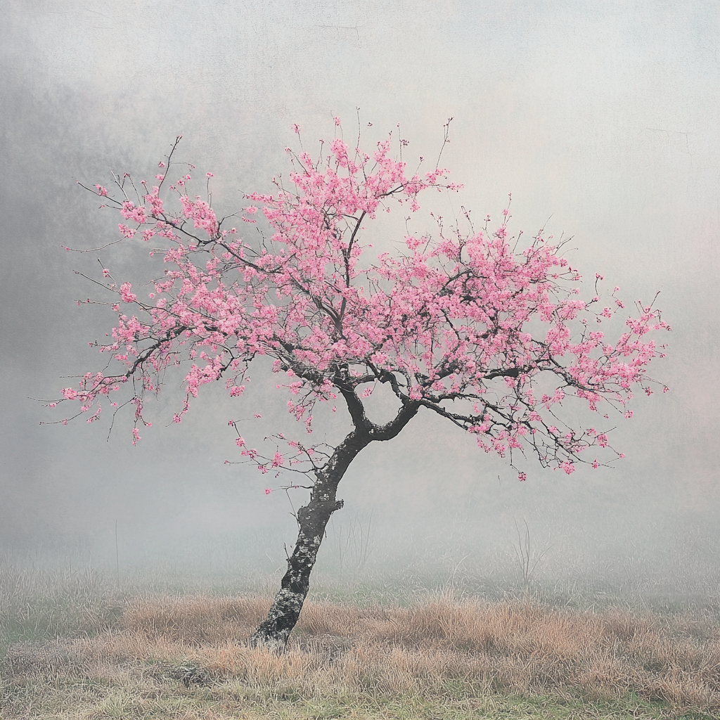 Pink blossoms on old plum tree in dreamy fog.