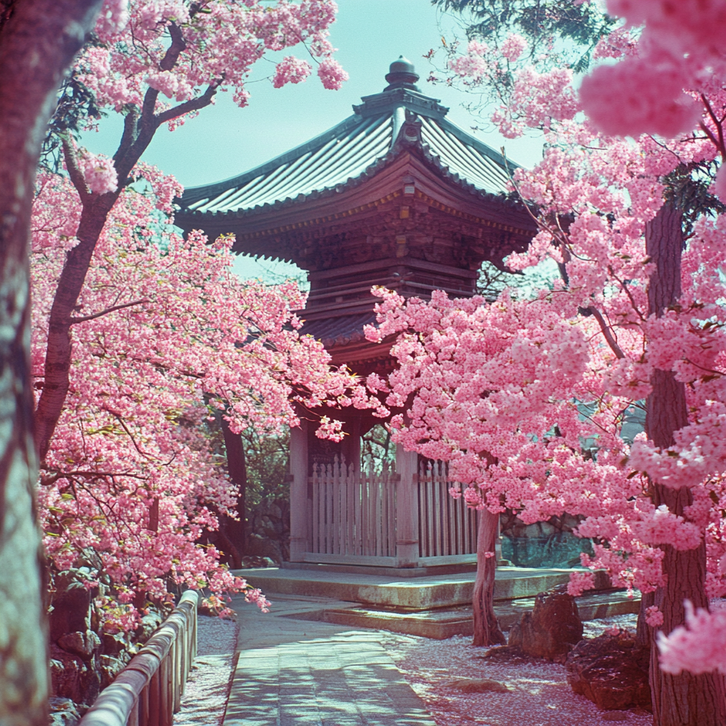 Pink blossoms surround modern temple entry, film photograph effect.