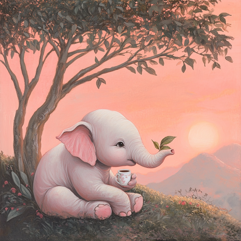 Pink elephant under tea tree, gazing at sunrise.