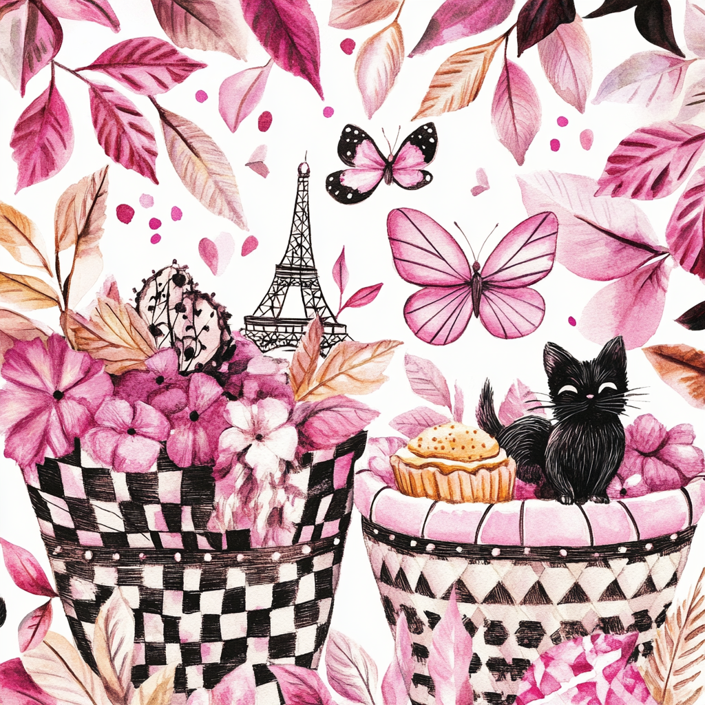 Pink fall baskets with Paris elements and butterflies illustration.