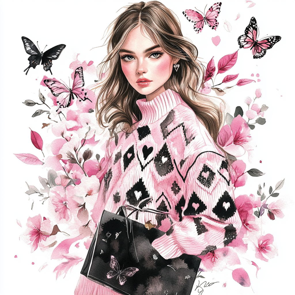 Pink fall season girl with harlequin sweater and butterflies.