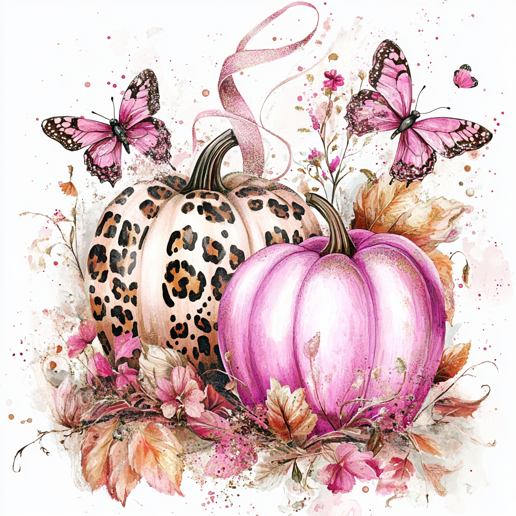 Pink fall season illustration with sparkling pumpkins and butterflies