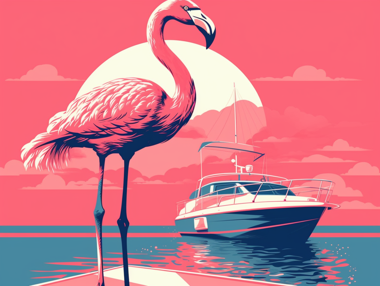 Pink flamingo with sunglasses, standing stylishly on yacht.