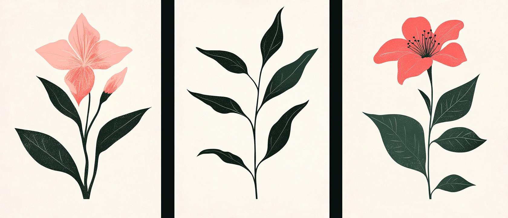 Pink flower, green leaves, bold lines, colorful prints.