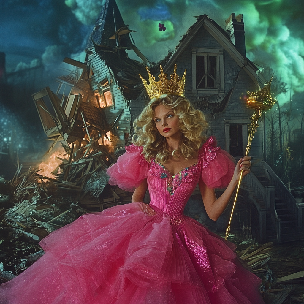 Pink gown, golden wand, good witch, bad witch's downfall.