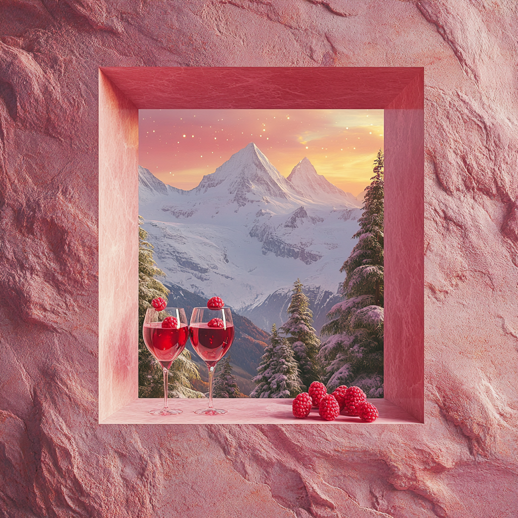 Pink granite wall, window with wine glasses, Christmas trees, Alps.