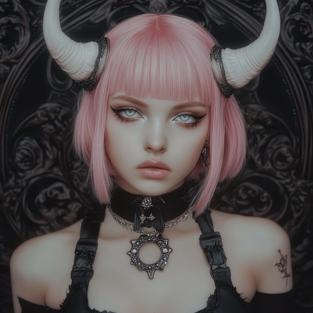 Pink hair woman with white eyes and horns portrait.