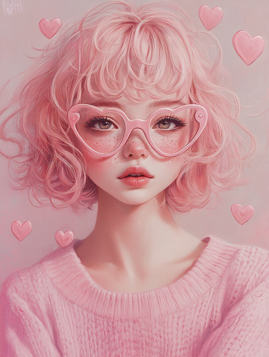 Pink-haired girl with freckles wears heart-shaped glasses.