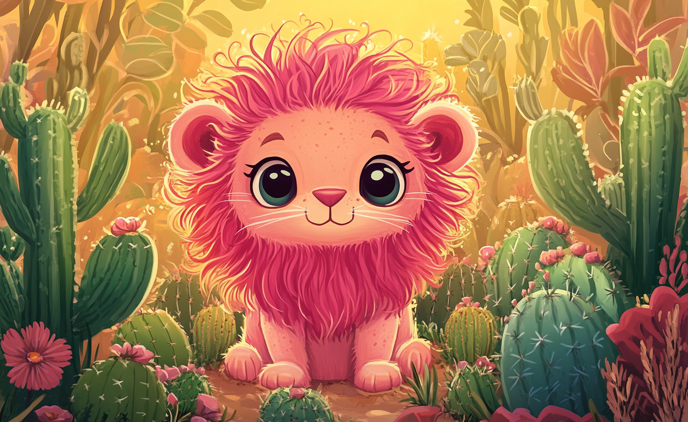 Pink lion cub with long hair in cactus garden.