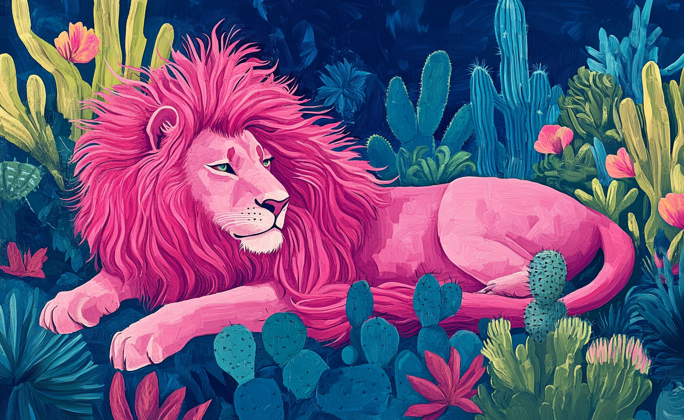 Pink lion with long hair among cactus garden.