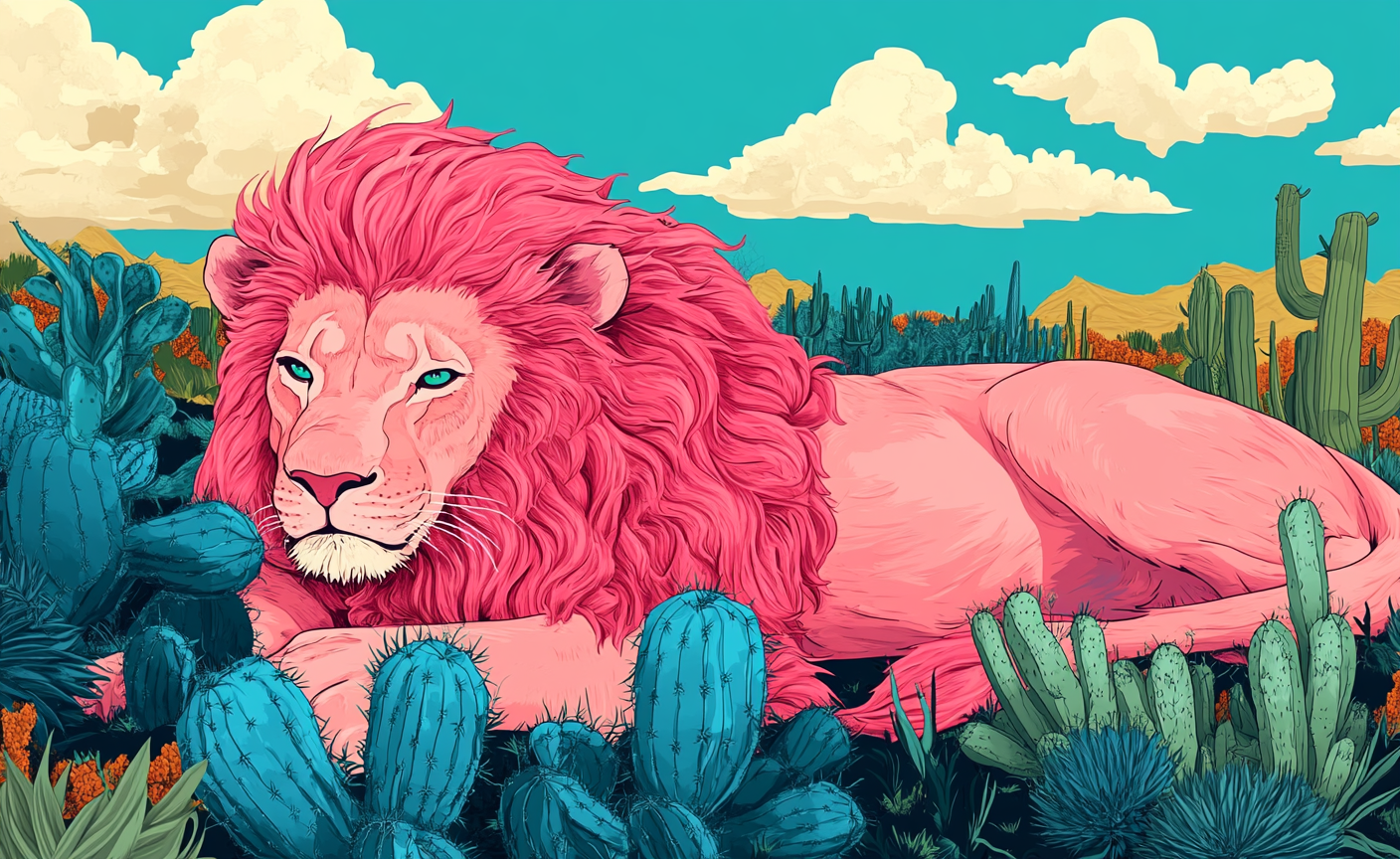 Pink lion with long hair in cactus garden, elegant.