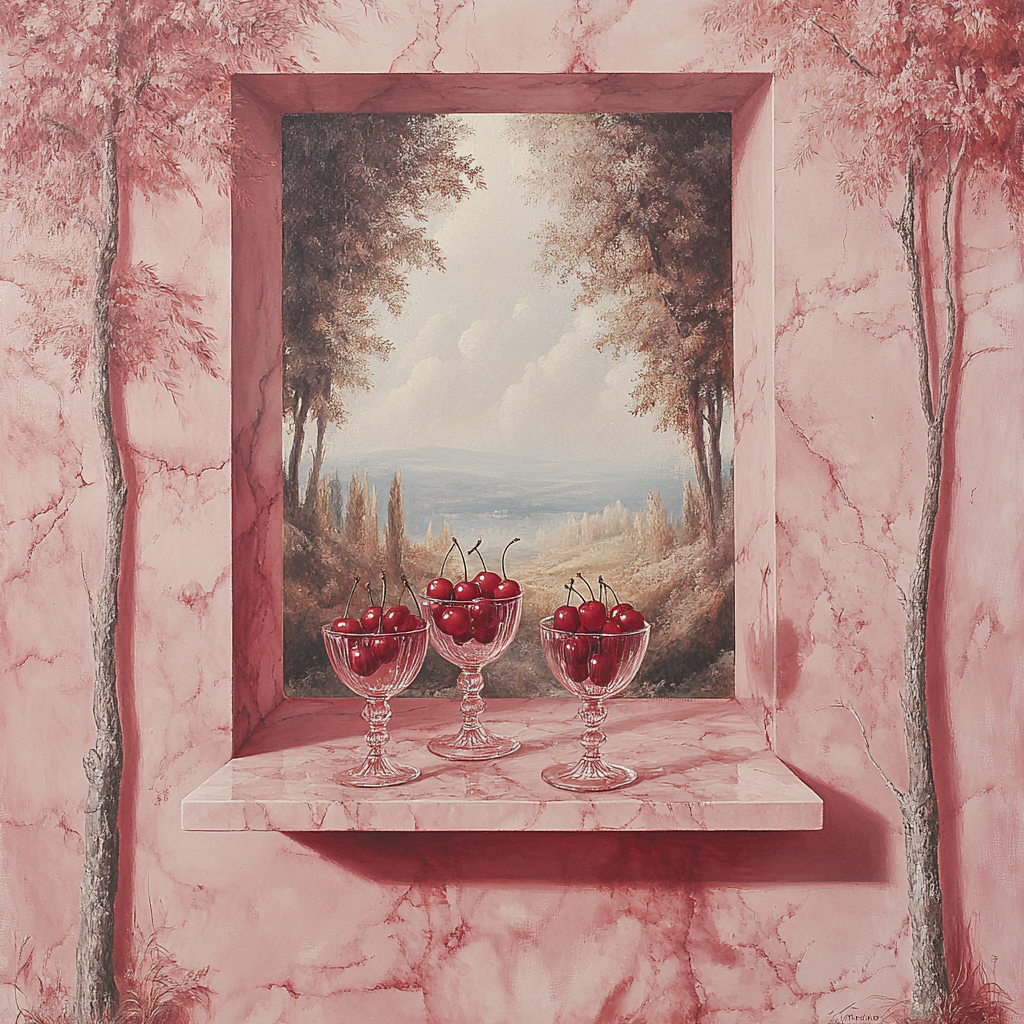 Pink marble wall, square opening, cherries in goblets.