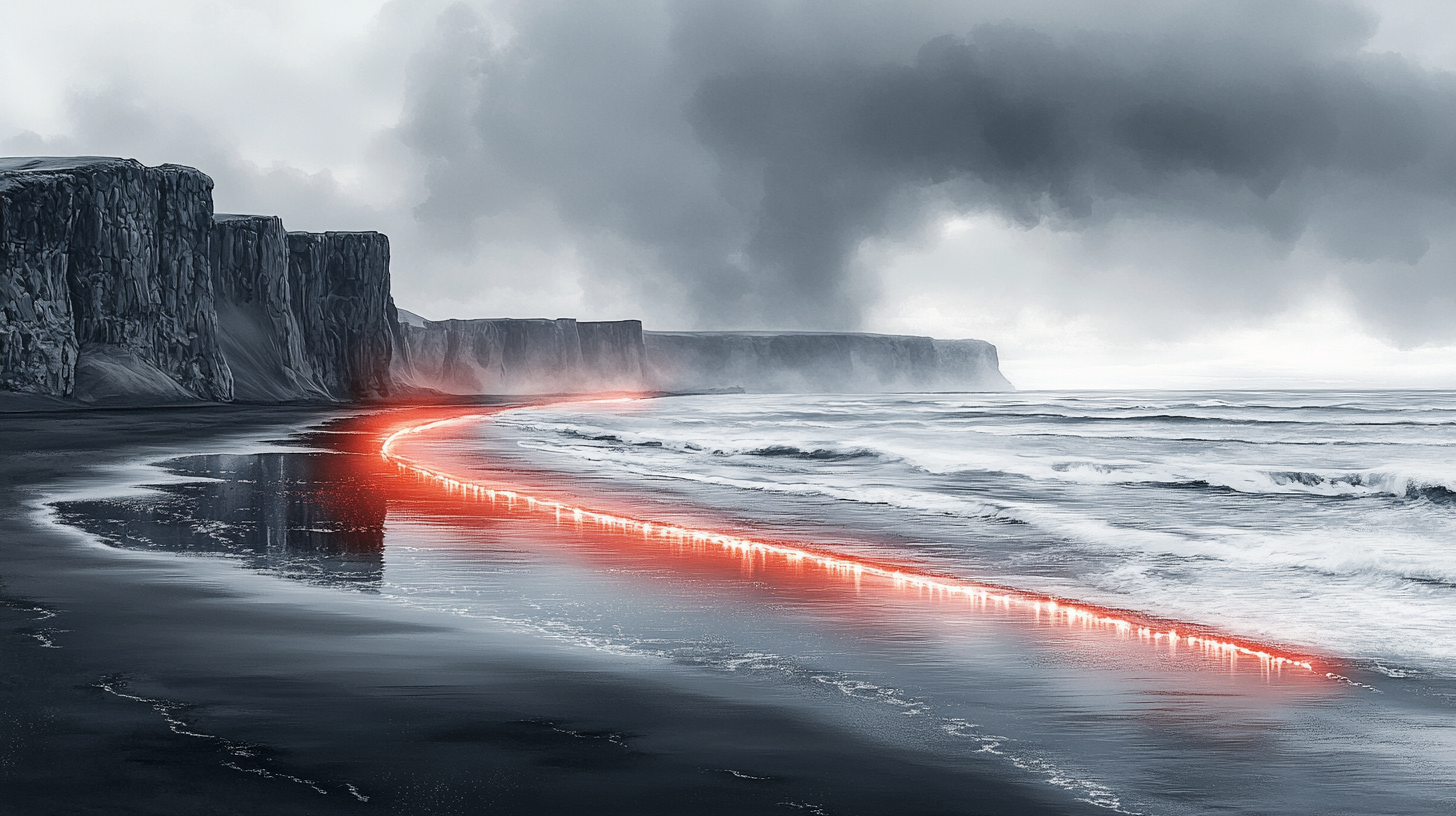 Pink neon river on black sand beach in Iceland